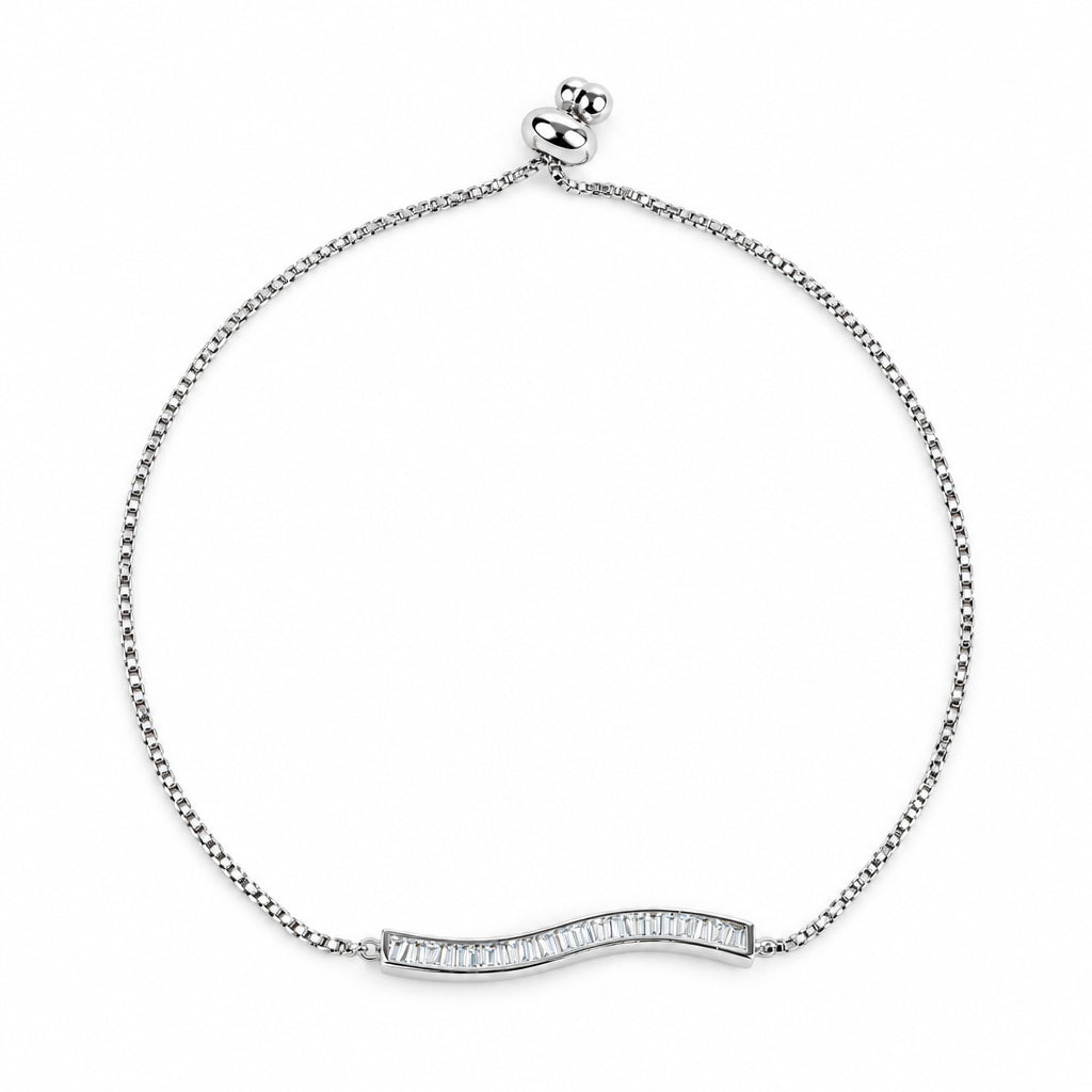 Curved baguette bar bolo bracelet silver finish