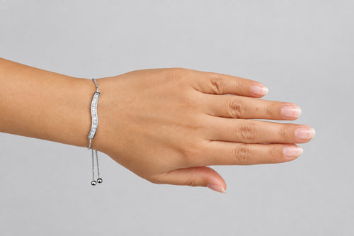 Curved baguette bar bolo bracelet silver finish