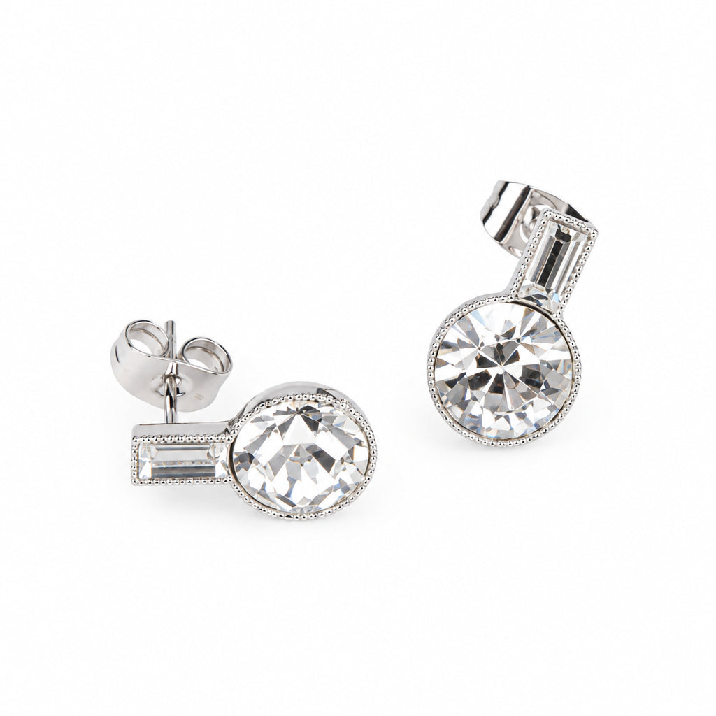 Round Crystal Drop Earrings Silver Finish