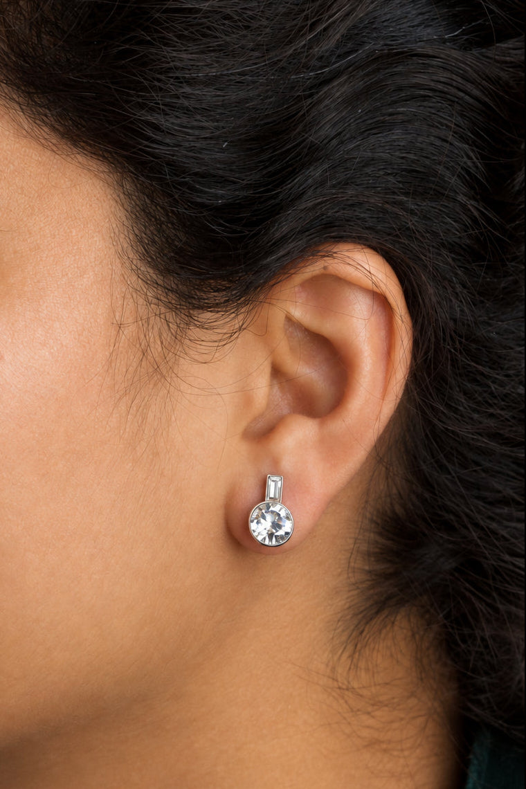 Round Crystal Drop Earrings Silver Finish