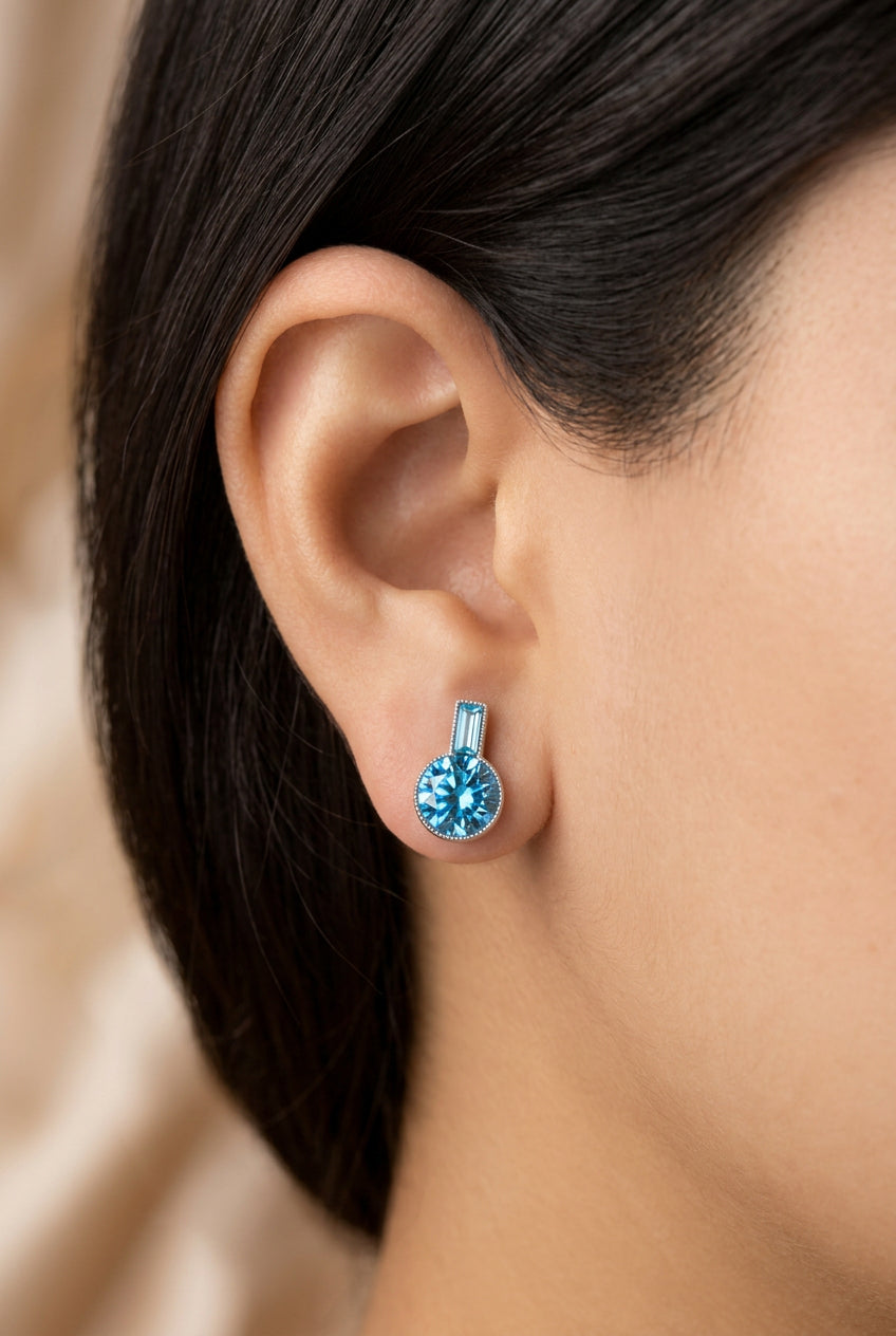 Light Blue Round Crystal Drop Earrings Silver Finish