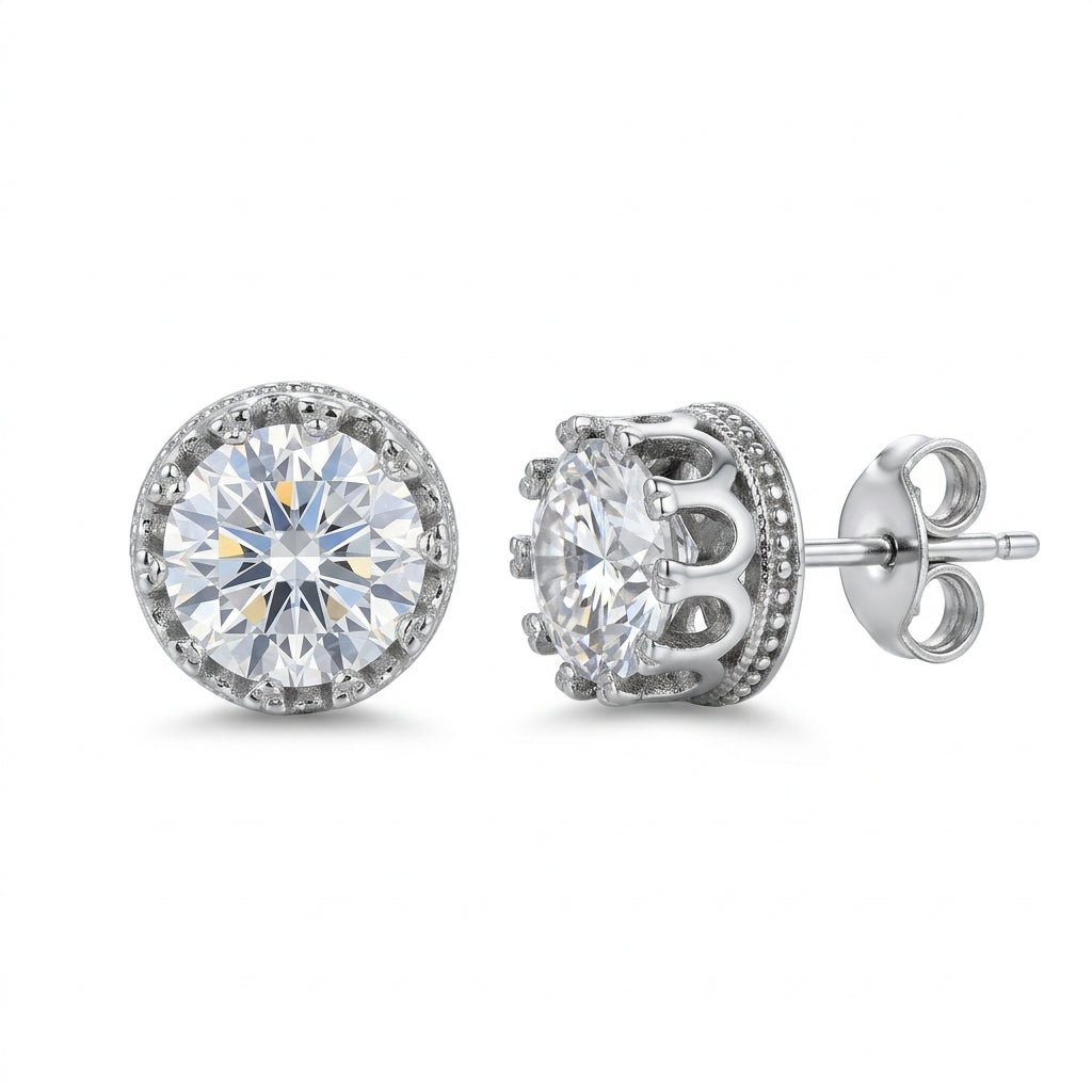 Round Crown-Set Solitaire Crystal Stud Earrings Silver Finish