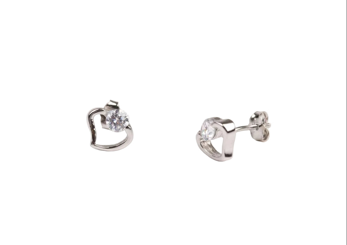 Open Heart Solitaire Crystal Stud Earrings Silver Finish