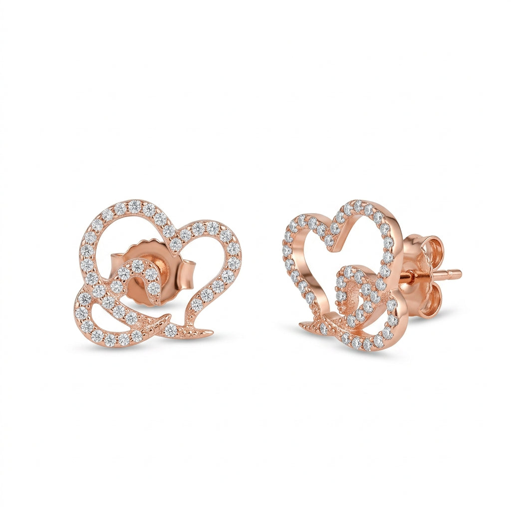 Pave Floral Heart Stud Earrings 18 K Rose Gold Finish