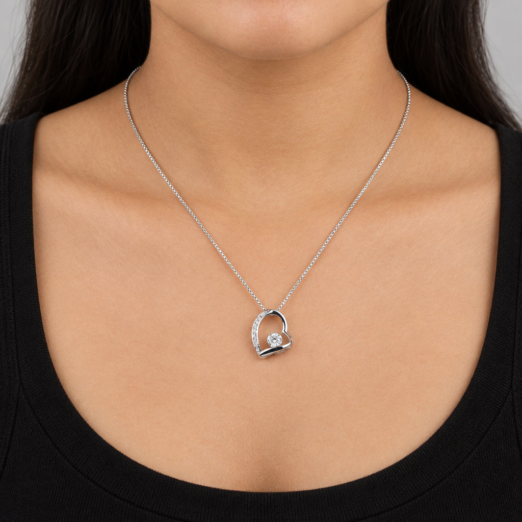Heart Pendant Necklace with Solitaries Crystal Silver Finish