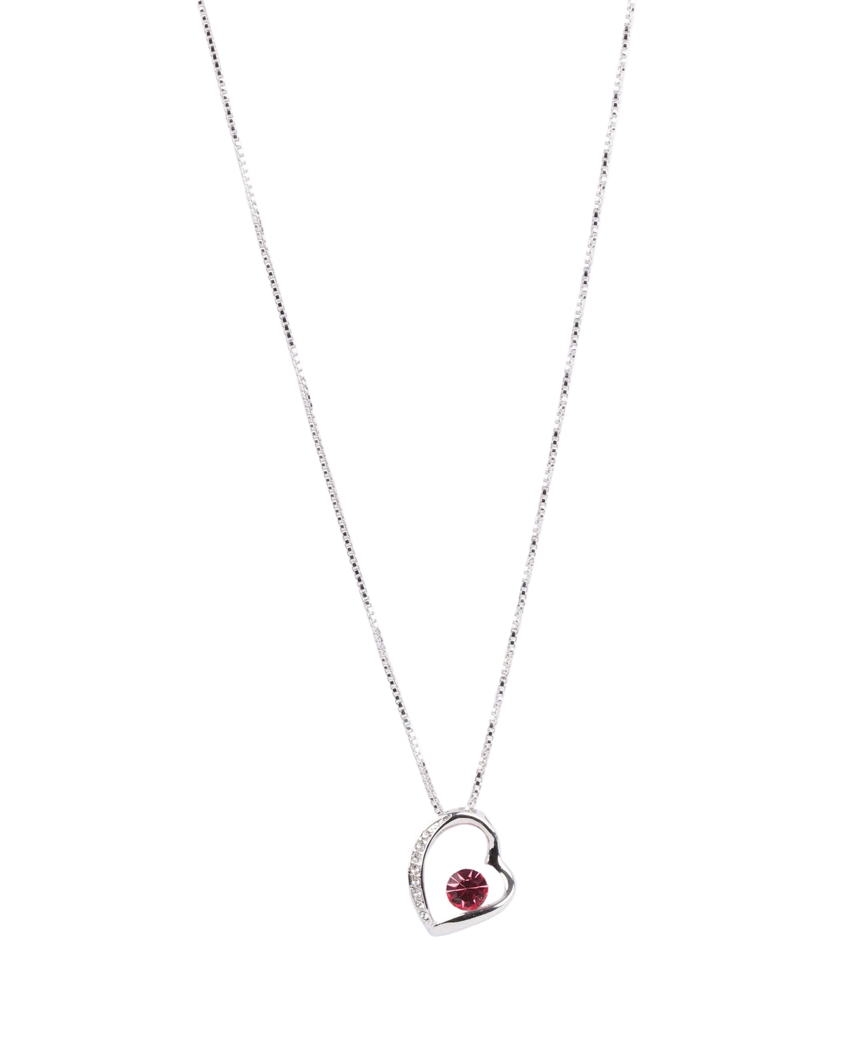 Heart Pendant Necklace with Solitaries Ruby Crystal Silver Finish