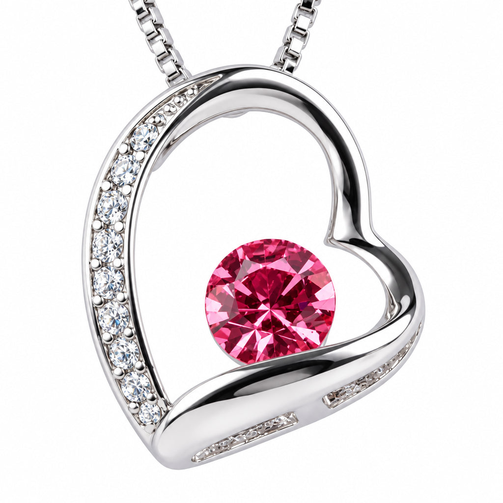 Heart Pendant Necklace with Solitaries Ruby Crystal Silver Finish