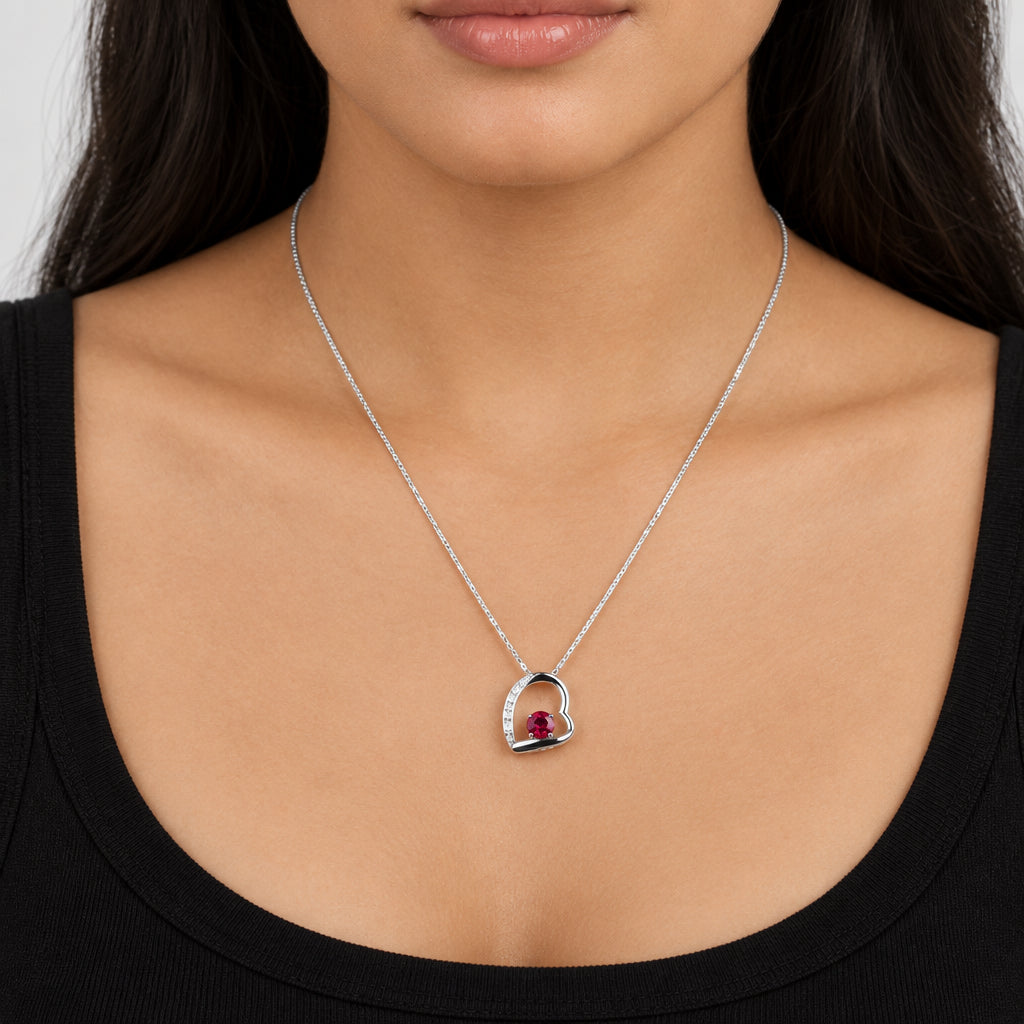 Heart Pendant Necklace with Solitaries Ruby Crystal Silver Finish