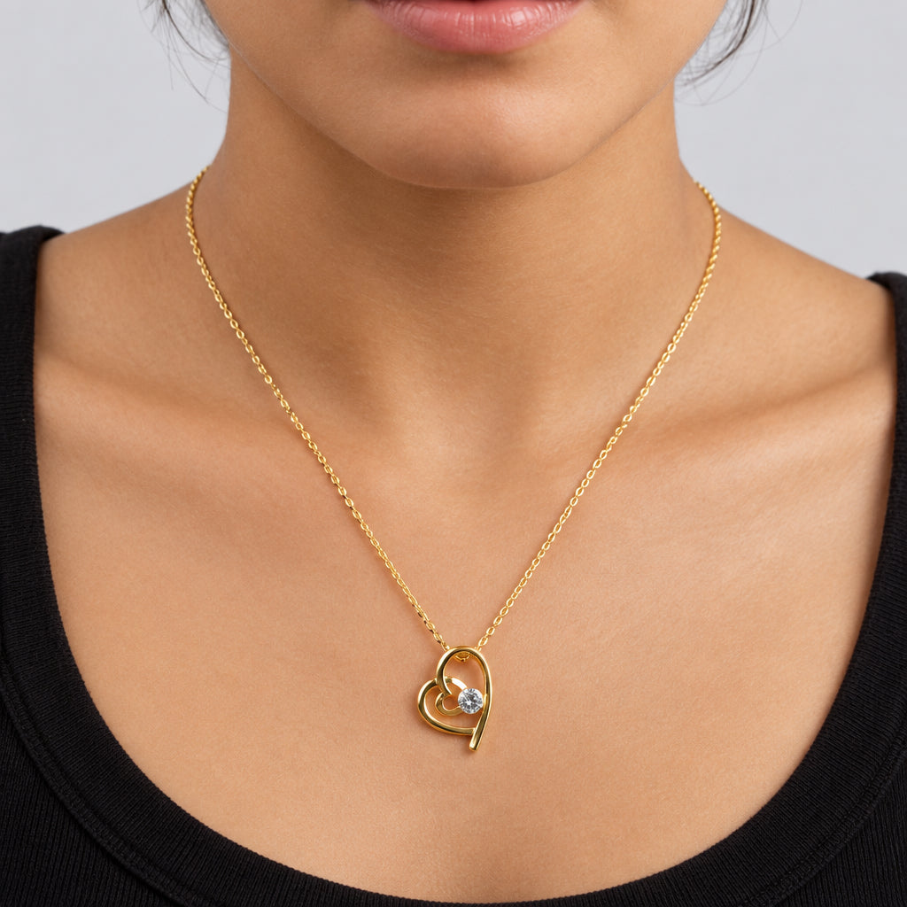Heart Pendant Necklace with Solitaries Crystal 18K Gold Finish