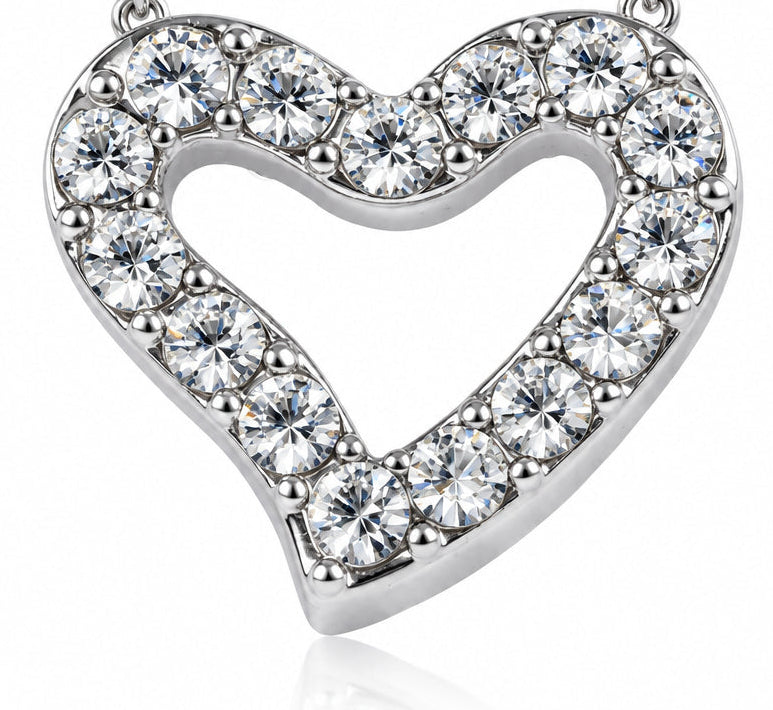Pave Heart Pendant Necklace Silver Finish