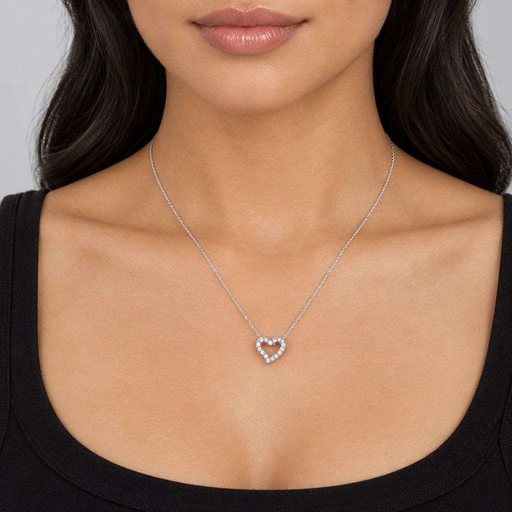Pave Heart Pendant Necklace Silver Finish