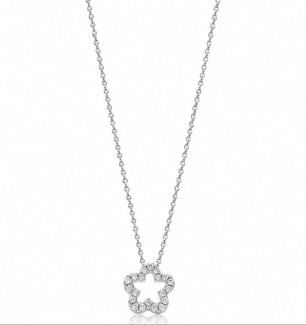 Pave Floral Pendant Necklace Silver Finish