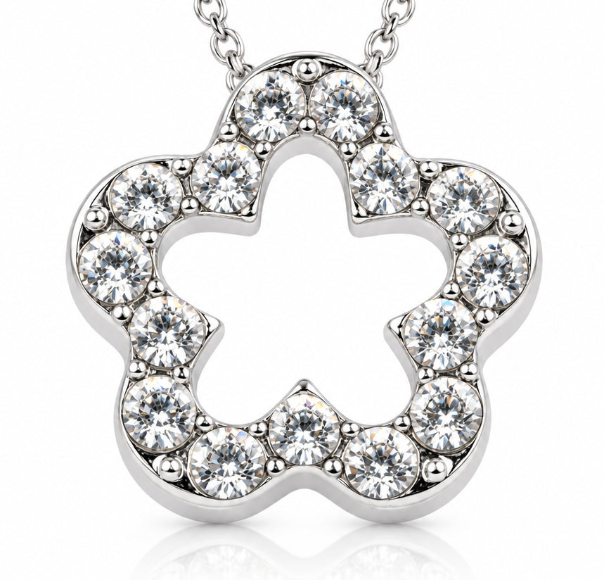 Pave Floral Pendant Necklace Silver Finish