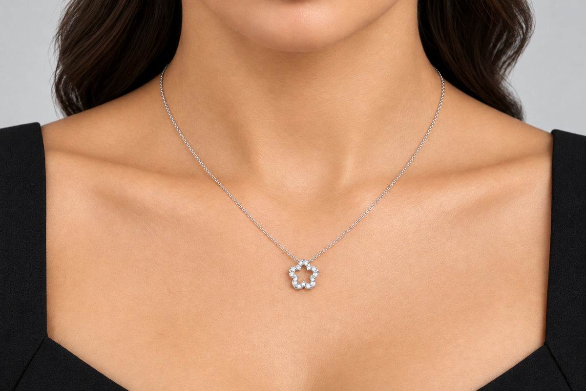 Pave Floral Pendant Necklace Silver Finish