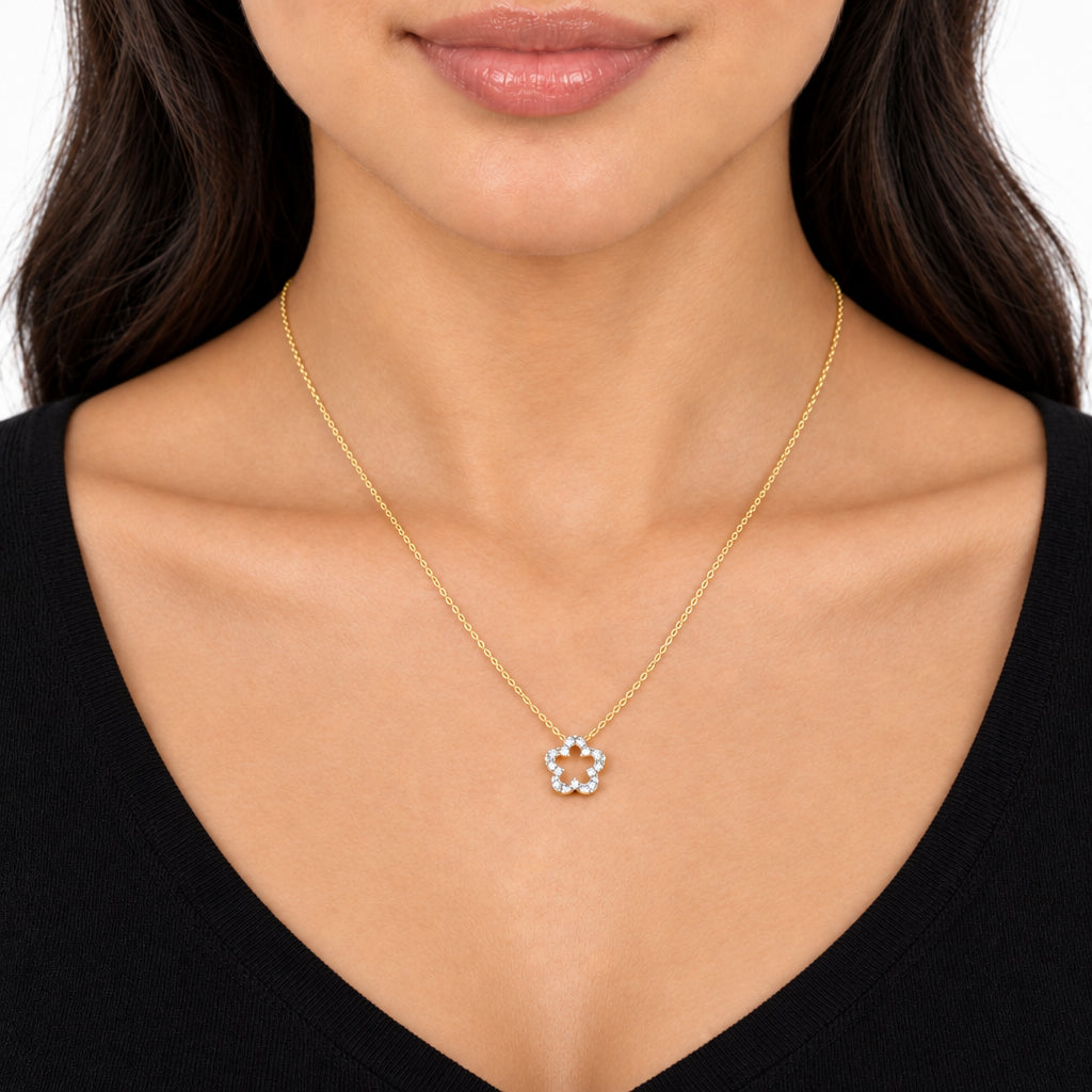 Pave Floral Pendant Necklace 18K Gold Finish