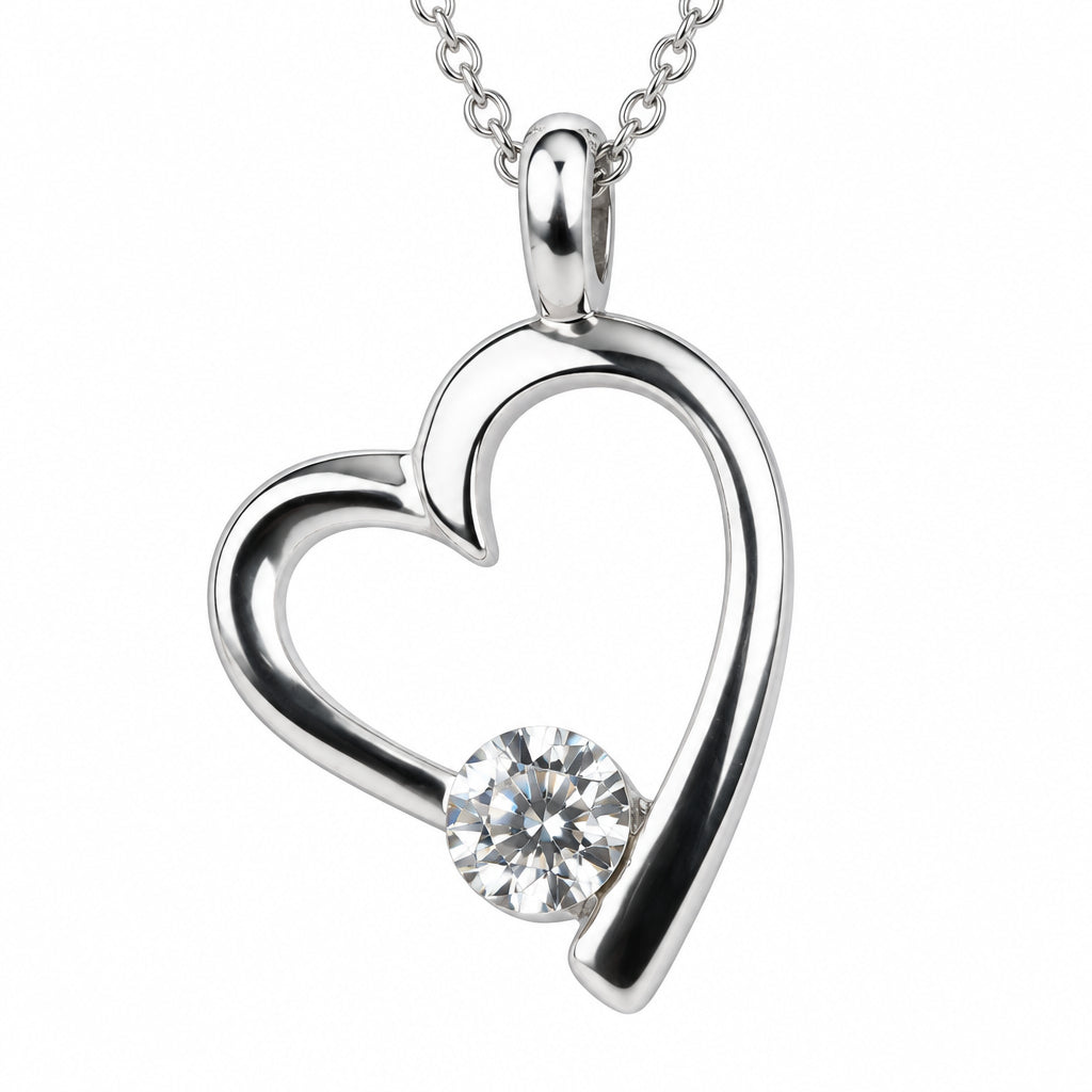 Open Heart Pendant Necklace with Solitaries Crystal Silver Finish