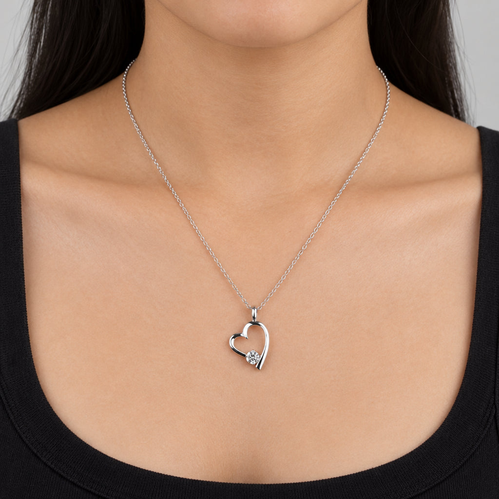 Open Heart Pendant Necklace with Solitaries Crystal Silver Finish