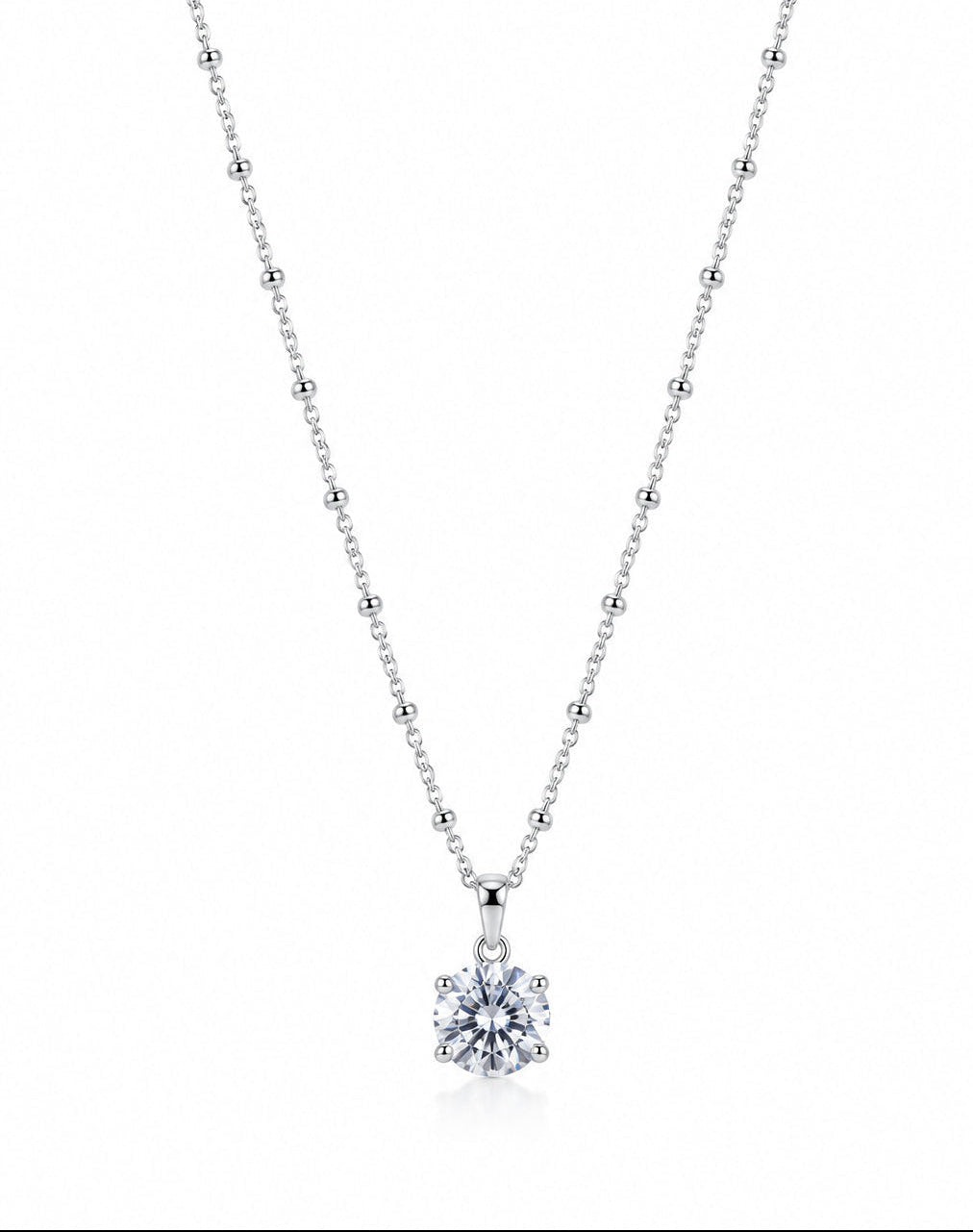 Solitarie Crystal Pendant with Beaded Satellite Chain Silver Finish